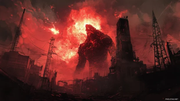 Electric flares rise as Supercharged Godzilla crashes through industrial ruins.