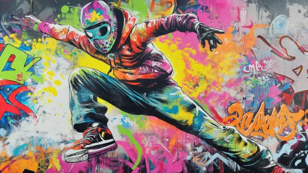 Electric graffiti mural showing masked dancer leaping in graffiti desktop wallpapers HD.
