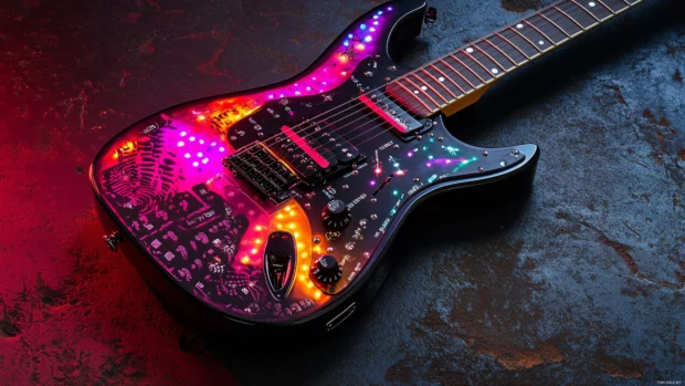 Electric guitar, stylish designs, on textured surface, vibrant lights, music vibe.