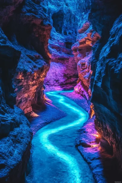 Electric neon river flowing through urban canyon featuring Neon night city phone wallpaper.