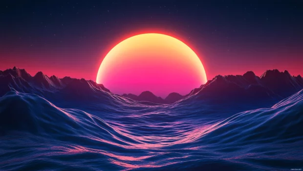 Electric neon waves folding into dark horizon, Cyberpunk neon world 4K.