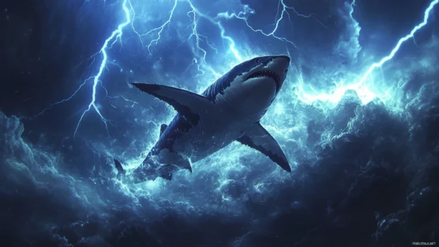 Electric shark charging through lightning sea.