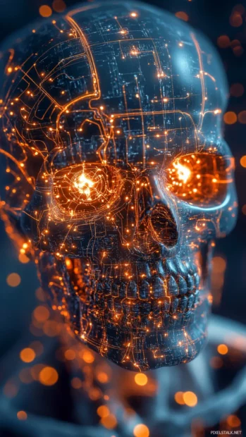 Electric skull glowing with soft circuit grid.