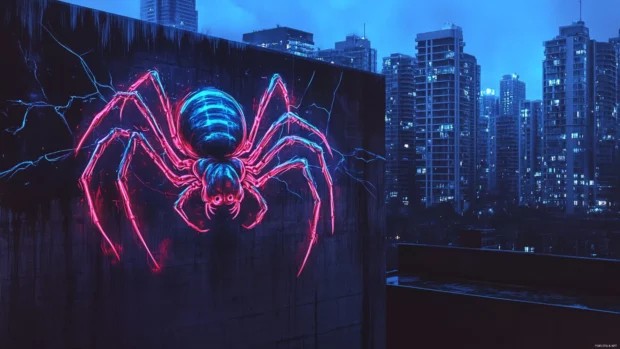 Electric spider painted in neon tones on a city rooftop wall.