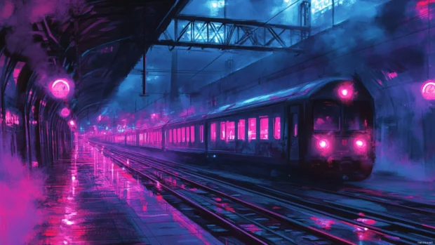 Electric trains rushing past neon lit platforms.