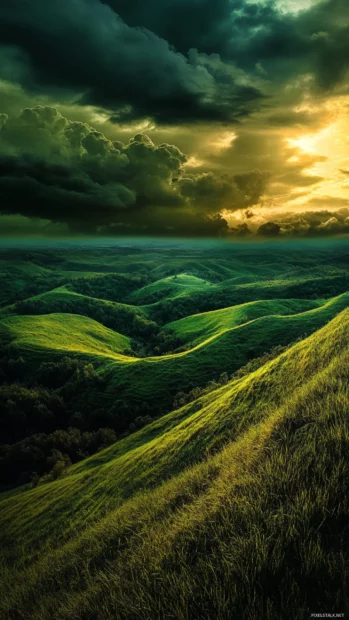 Electric vines pulsing over shifting hills under a deep trippy sky.