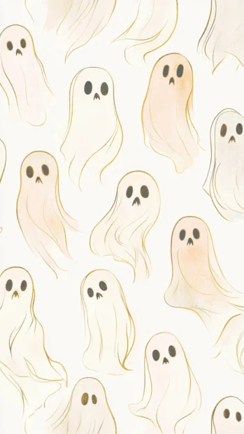 Elegant Aesthetic Ghost Wallpapers featuring pastel ghosts outlined in gold floating over cream canvas.