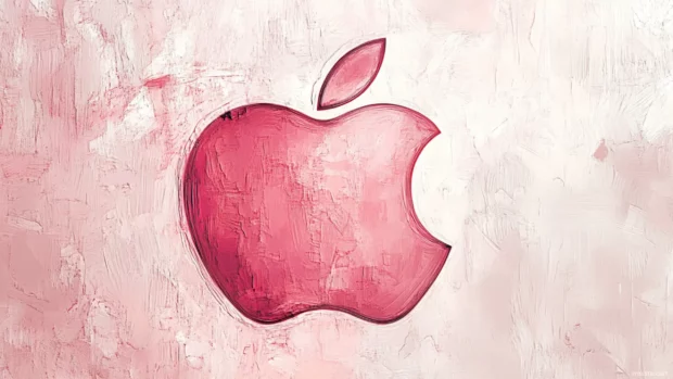 Elegant Apple logo in pastel pink shades layered over artistic brushstrokes.