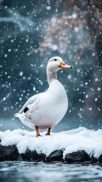 Elegant Duck wallpaper showing a white duck standing under falling snow near a riverbank.