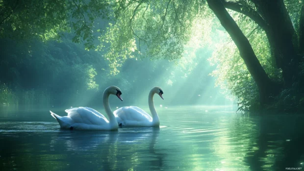 Elegant Moving Animals Wallpapers with swans gliding on a tranquil lake.