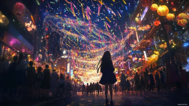 Elegant Moving Anime Wallpapers with fluttering ribbons in a festival night.
