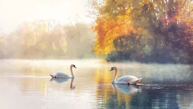 Elegant Swans Floating On A Quiet Pond In Pastel Watercolor Colors.