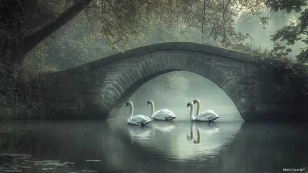Elegant Swans passing under an old stone bridge.