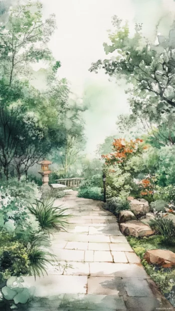 Elegant Watercolor Artwork For Android Depicting A Quiet Garden In Spring.