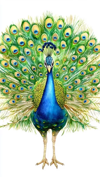 Elegant Watercolor Peacock Displaying Its Bright Feathers Proudly.