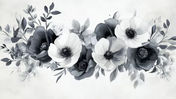 Elegant black and white watercolor floral arrangement with intricate details.