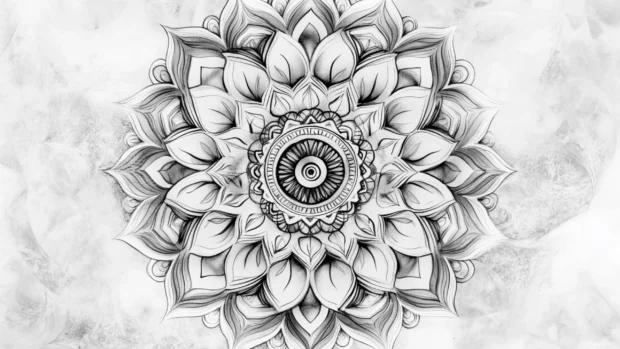 Elegant black and white watercolor mandala with intricate patterns.