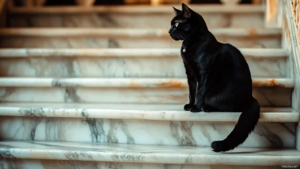 Elegant black cat on marble stairs.