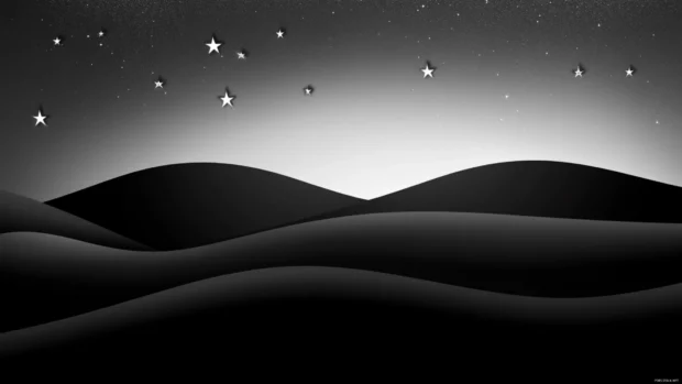 Elegant black star wallpaper featuring stars floating gently above shadowed hills.