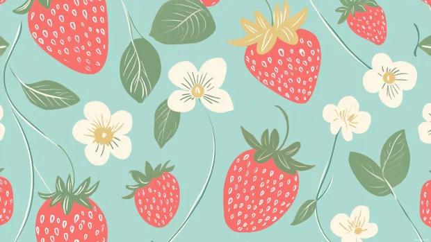 Elegant botanical style strawberry pattern with intricate vines, flowers, and small strawberries on a soft pastel green background, vintage inspired and elegant.