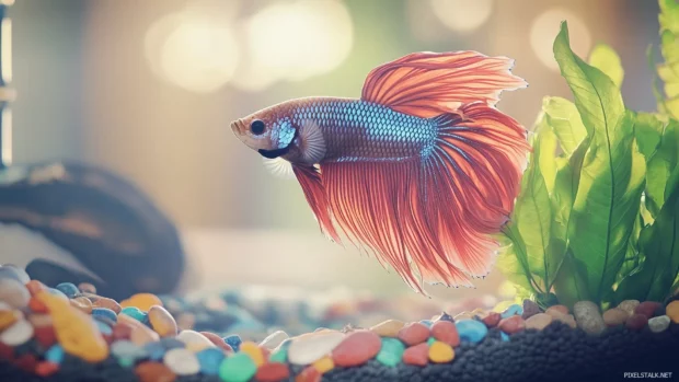 Elegant fish tank, betta fish setup, leafy plants colorful pebbles, soft lighting highlighting fish plant designs.