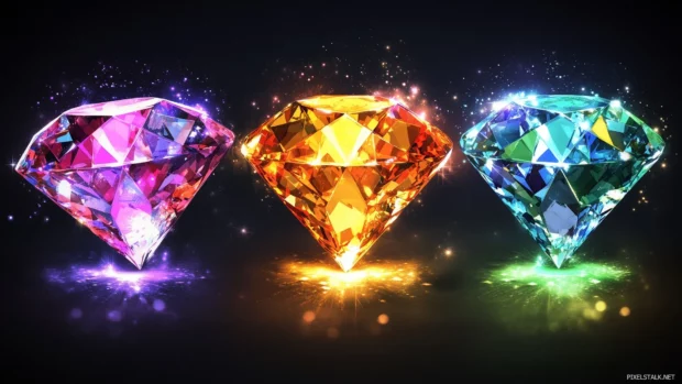 Elegant glowing neon diamonds subtly fading into a deep black background.