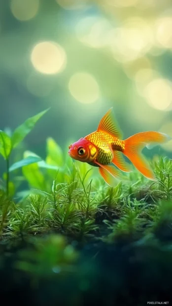 Elegant goldfish, beautiful aquarium, aquatic plants filled, vibrant colors shimmering scales, peaceful underwater scene, clear water soft lighting.