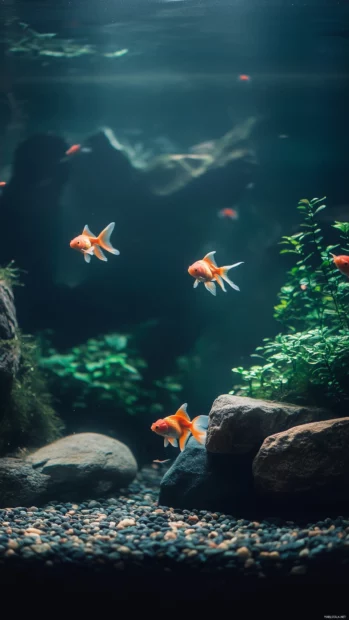 Elegant goldfish group view, minimalistic aquarium swimming, gentle lighting smooth stones lush green plants.
