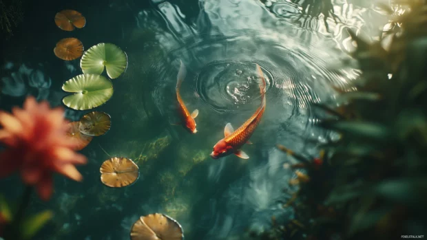 Elegant koi fish, crystal clear pond swimming, soft ripples vibrant lily pads, scales shimmering sunlight.