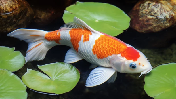 Elegant koi fish swimming in a crystal clear pond, surrounded by soft ripples and vibrant lily pads, their scales shimmering under the sunlight.