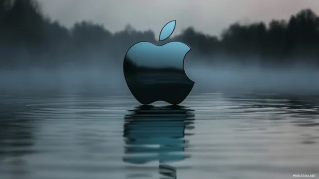 Elegant metallic Apple logo reflected on a water surface, creative Apple reflection wallpaper 4K.