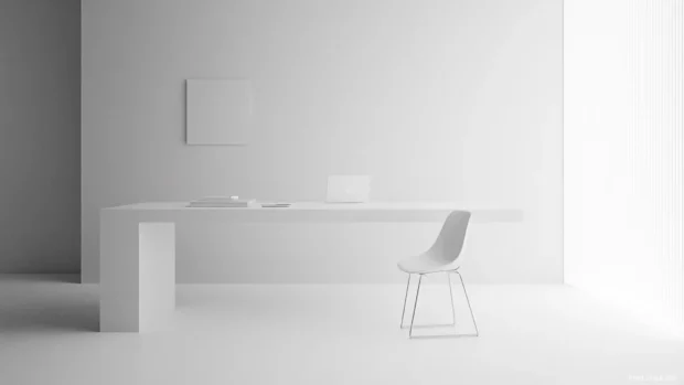 Elegant minimalist white desk setup for HD wallpapers for desktop background aesthetics.