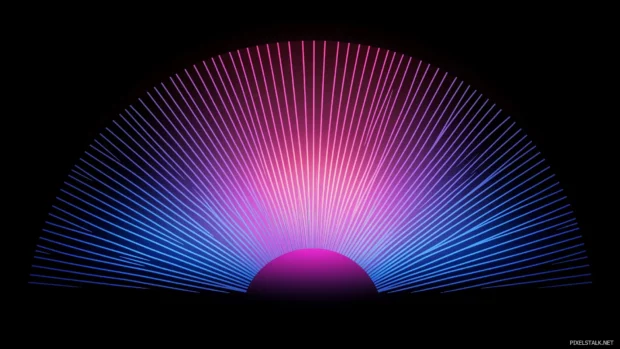 Elegant neon arcs radiating outward in gradient blue and magenta hues.
