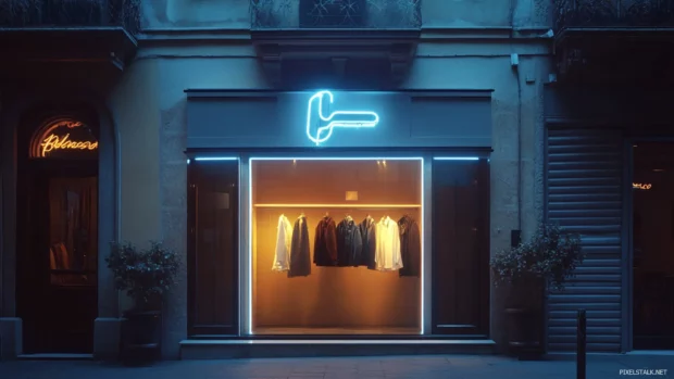 Elegant neon boutique sign hidden on quiet street.