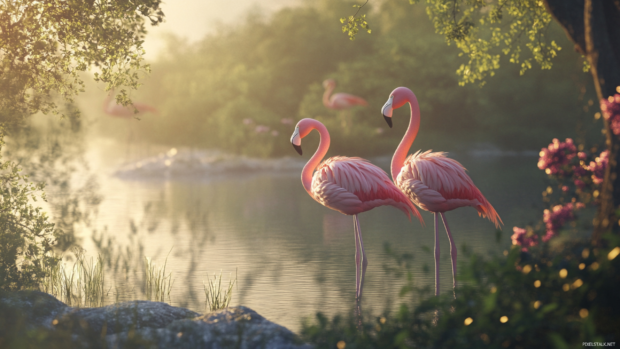 Elegant pink flamingos near a calm lake, offering graceful feminine background visuals.
