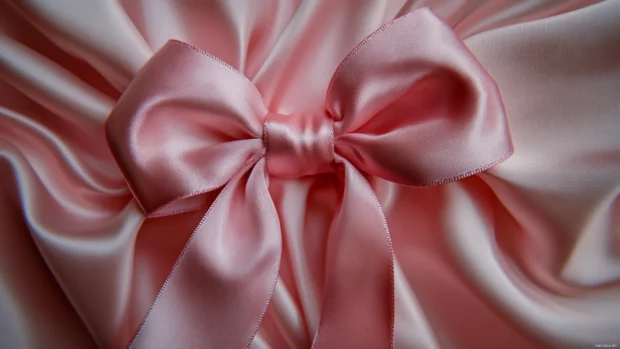 Elegant pink silk ribbon tied into a beautiful bow, soft luxury texture.