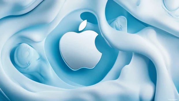 Elegant silver Apple logo floating on soft blue MacOS inspired backdrop.