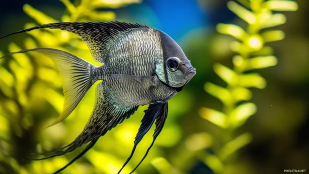 Elegant silver and black angelfish surrounded by a vibrant coral reef, its long fins flowing gracefully as it glides through clear blue waters.