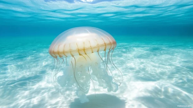 Elegant single jellyfish, crystal clear water, bell shape intricate tendrils, subtle shadows casting.