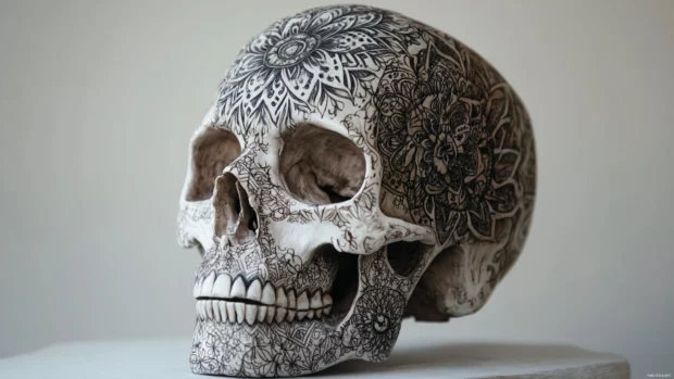 Elegant skull with embroidered forehead and hand drawn mandalas.