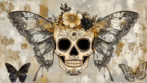 Elegant sugar skull, symmetrical butterfly wings, floral crown, lace filigree designs.