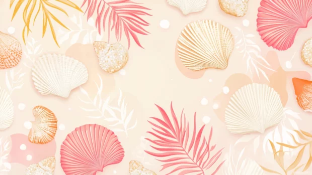 Elegant summer aesthetic pattern combining delicate shell outlines, tropical patterns, and soft gradients.