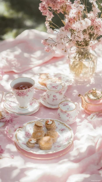 Elegant tea set arranged for a Pink Girly picnic in the park.