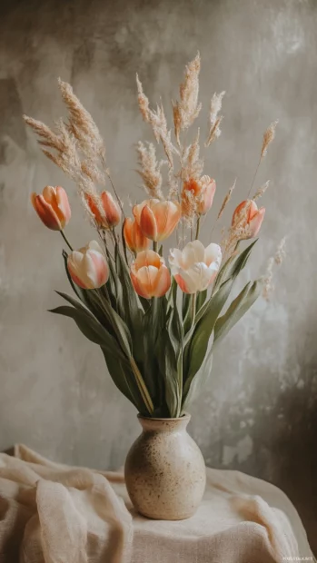 Elegant tulip arrangement used in lock screen flower wallpapers iPhone, soft color gradients.