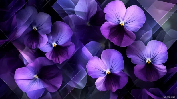 Elegant violet pansies arranged in geometric lines, inspired by purple flower desktop themes.