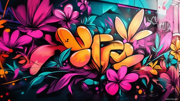 Elegant wildstyle text surrounded by floral bursts in aesthetic graffiti wallpaper.