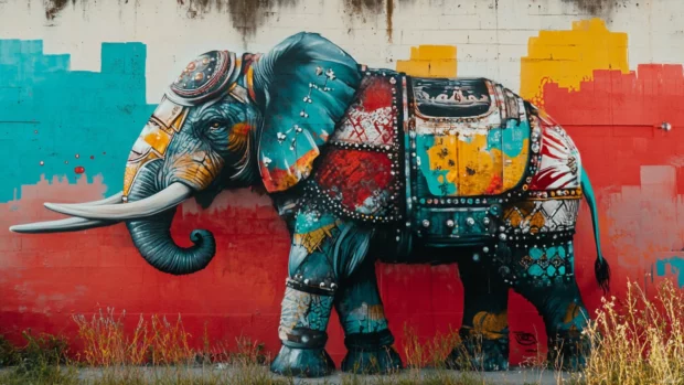 Elephant with armor painted in abstract stencil graffiti.