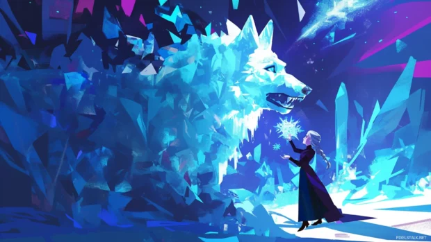 Elsa building an ice sculpture glowing with northern lights.