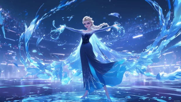 Elsa casting ice spells in a techno rave scene.