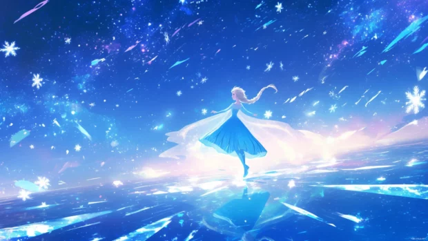 Elsa skating across a glowing frozen sea under falling stars.